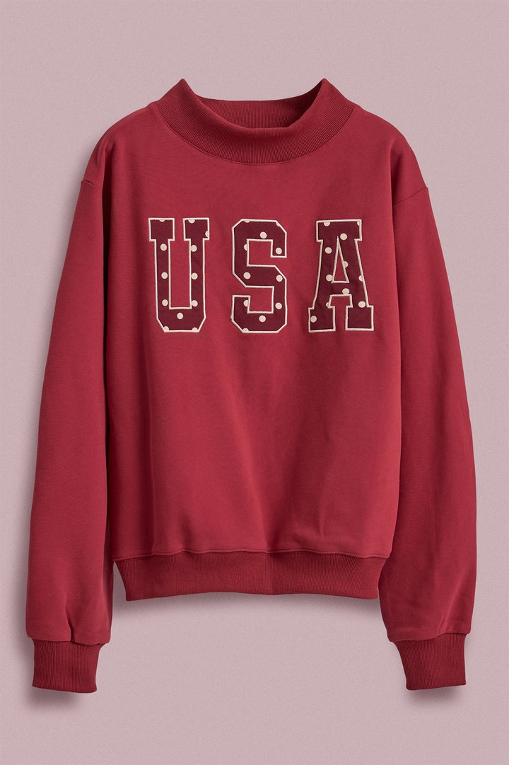 USA Polka Dot Varsity Letter Mock Neck Sweatshirt in Burgundy - Women's Wholesale Shorts | Trend Notes