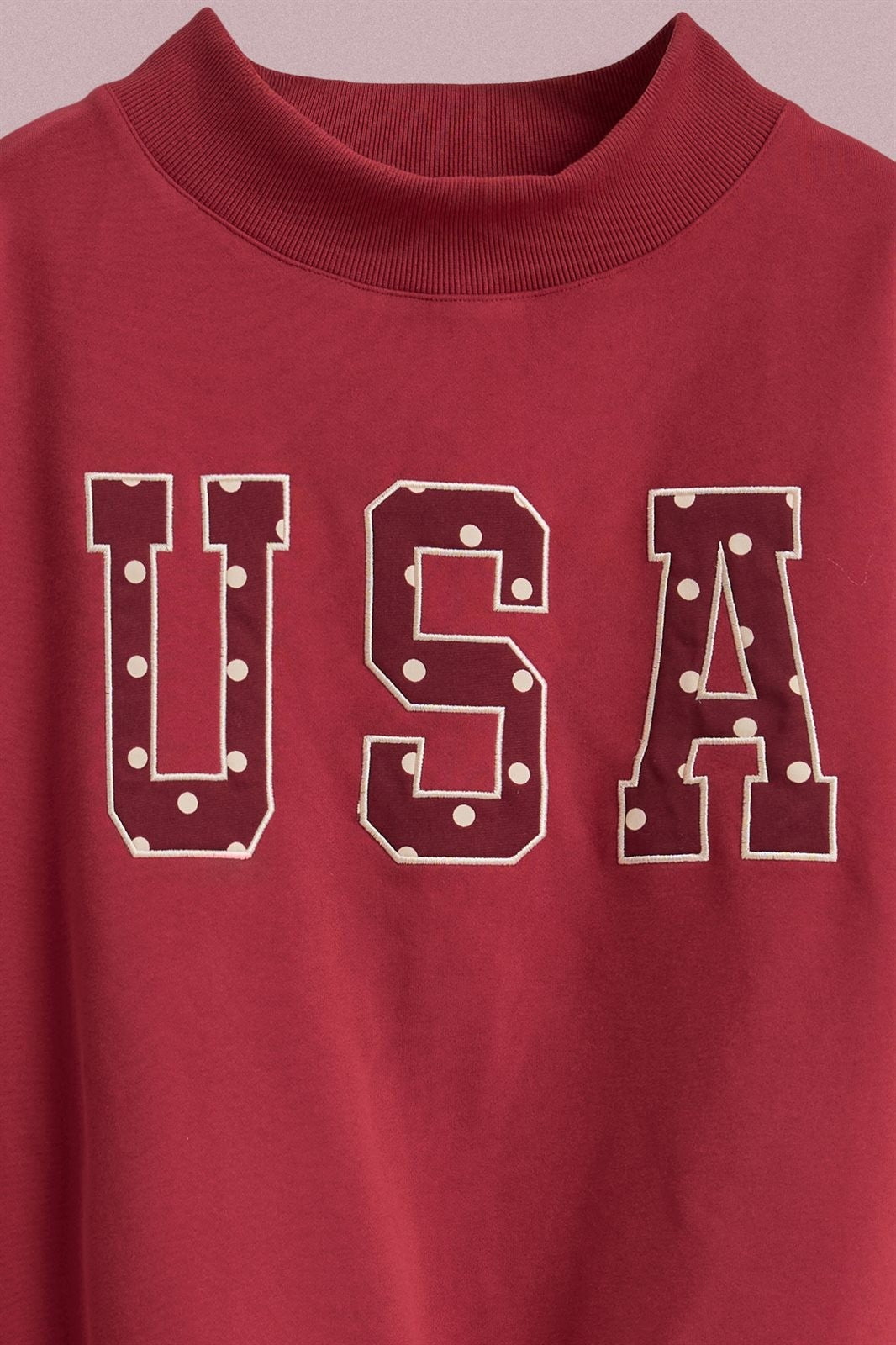 USA Polka Dot Varsity Letter Mock Neck Sweatshirt in Burgundy - Women's Wholesale Shorts | Trend Notes