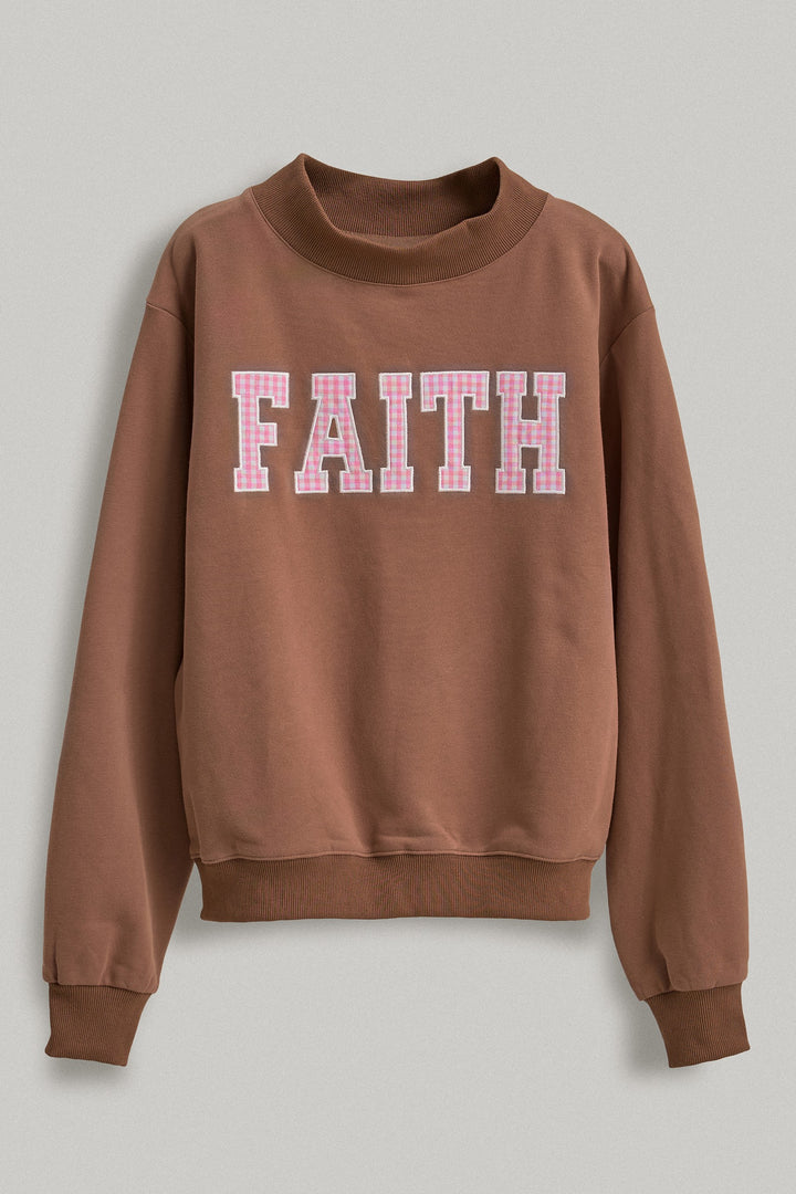 Faith Gingham Varsity Letter Mock Neck Sweatshirt in Brown - Women's Wholesale Shorts | Trend Notes