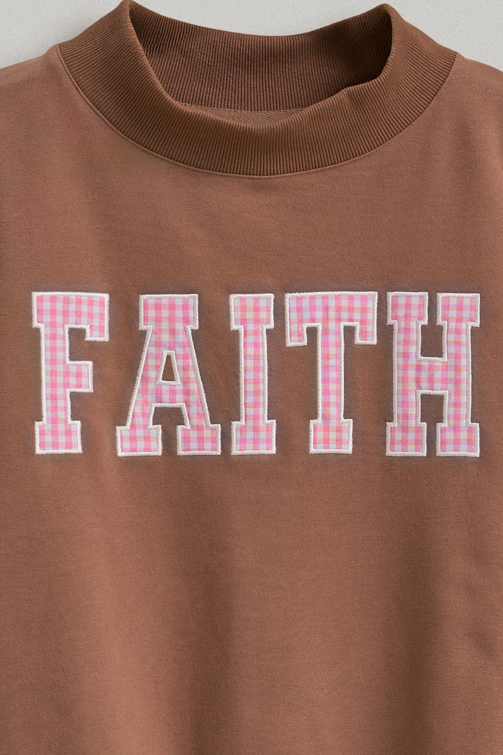 Faith Gingham Varsity Letter Mock Neck Sweatshirt in Brown - Women's Wholesale Shorts | Trend Notes