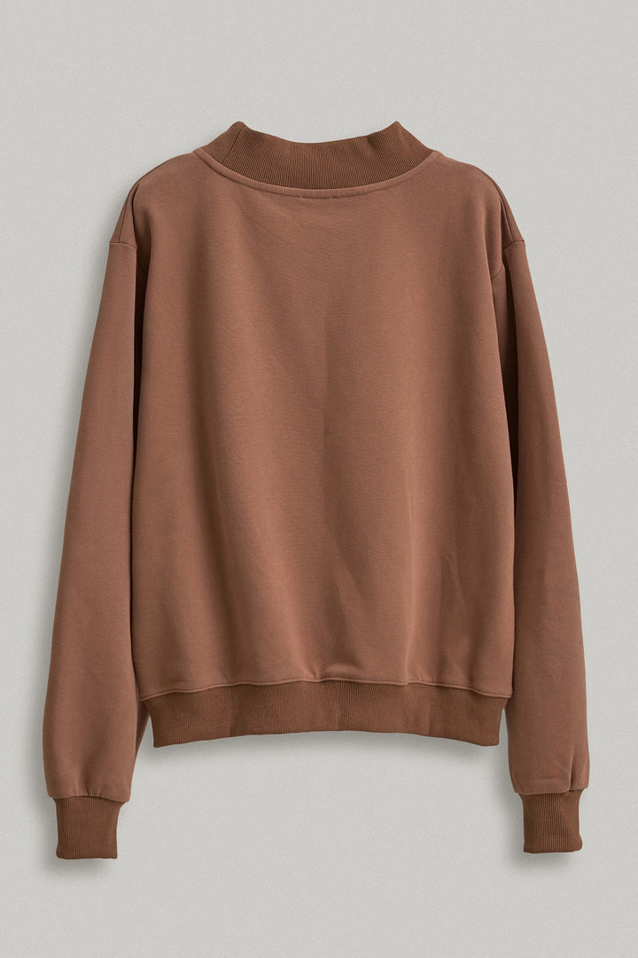 Faith Gingham Varsity Letter Mock Neck Sweatshirt in Brown - Women's Wholesale Shorts | Trend Notes