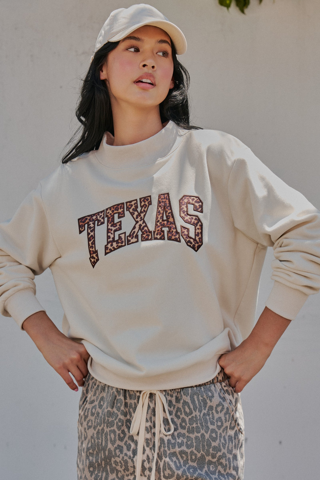 Texas Mock Neck Sweatshirt with Leopard Applique in Chalk - Women's Wholesale Sweatshirts & Hoodies | Trend Notes