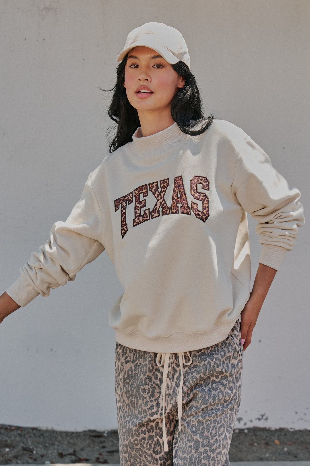 Texas Mock Neck Sweatshirt with Leopard Applique in Chalk - Women's Wholesale Sweatshirts & Hoodies | Trend Notes