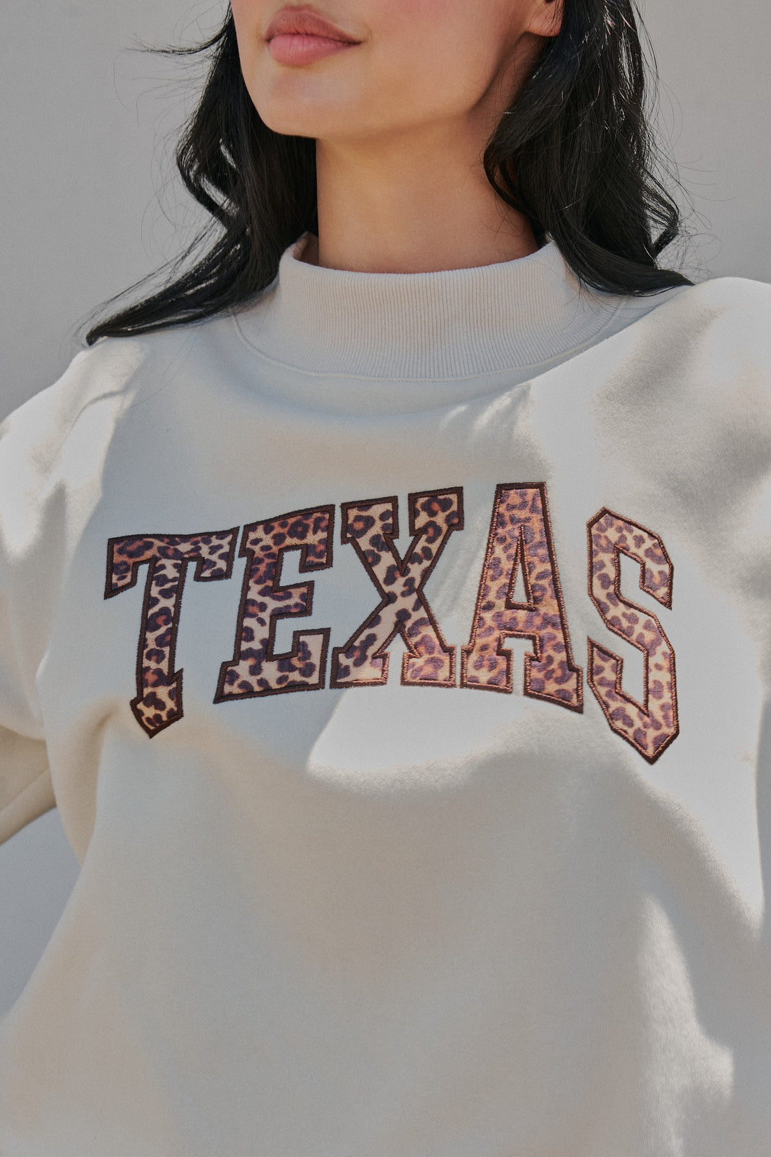Texas Mock Neck Sweatshirt with Leopard Applique in Chalk - Women's Wholesale Sweatshirts & Hoodies | Trend Notes