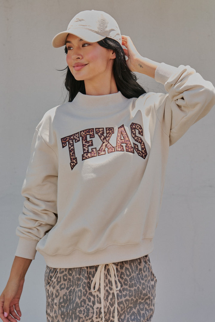 Texas Mock Neck Sweatshirt with Leopard Applique in Chalk - Women's Wholesale Sweatshirts & Hoodies | Trend Notes