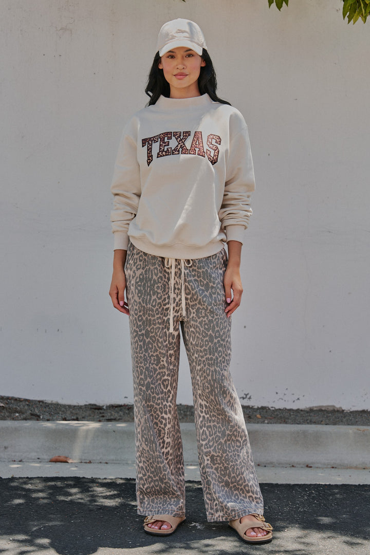 Texas Mock Neck Sweatshirt with Leopard Applique in Chalk - Women's Wholesale Sweatshirts & Hoodies | Trend Notes