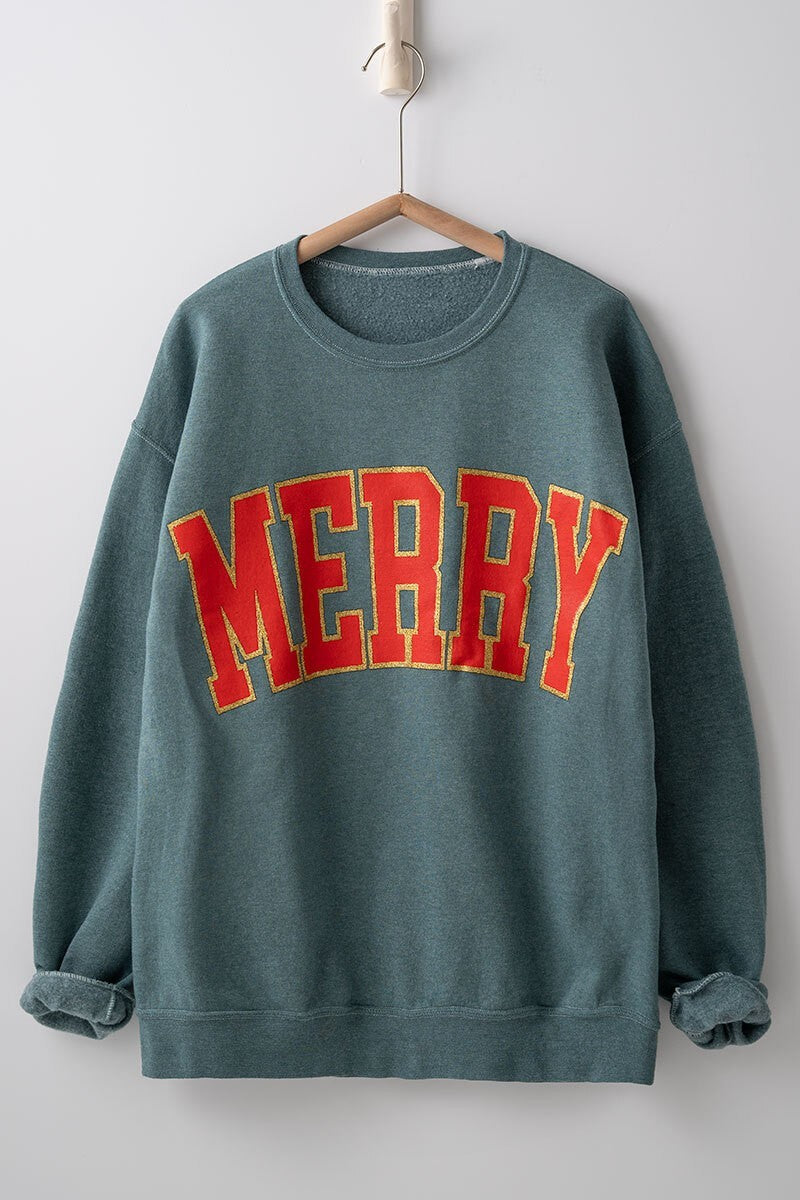 Oversized MERRY Glitter Graphic Sweatshirt in Green - Women's Wholesale Sweatshirts & Hoodies | Trend Notes