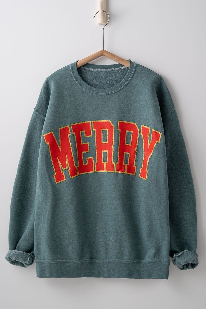 Oversized MERRY Glitter Graphic Sweatshirt in Green - Women's Wholesale Sweatshirts & Hoodies | Trend Notes