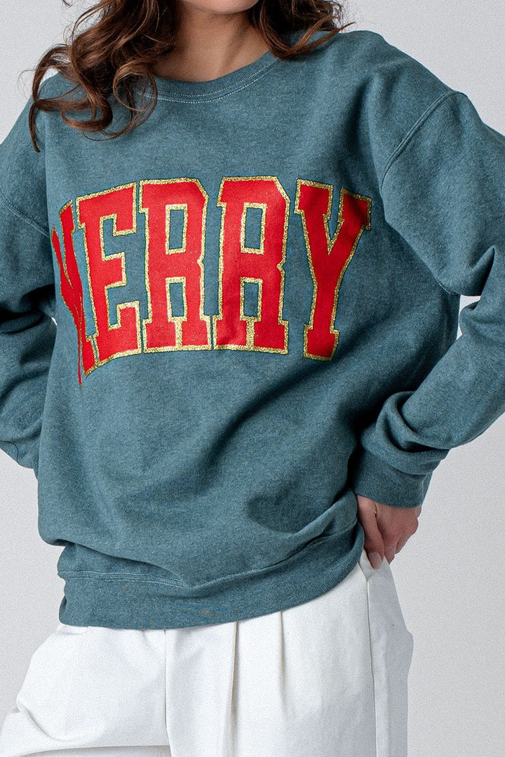 Oversized MERRY Glitter Graphic Sweatshirt in Green - Women's Wholesale Sweatshirts & Hoodies | Trend Notes