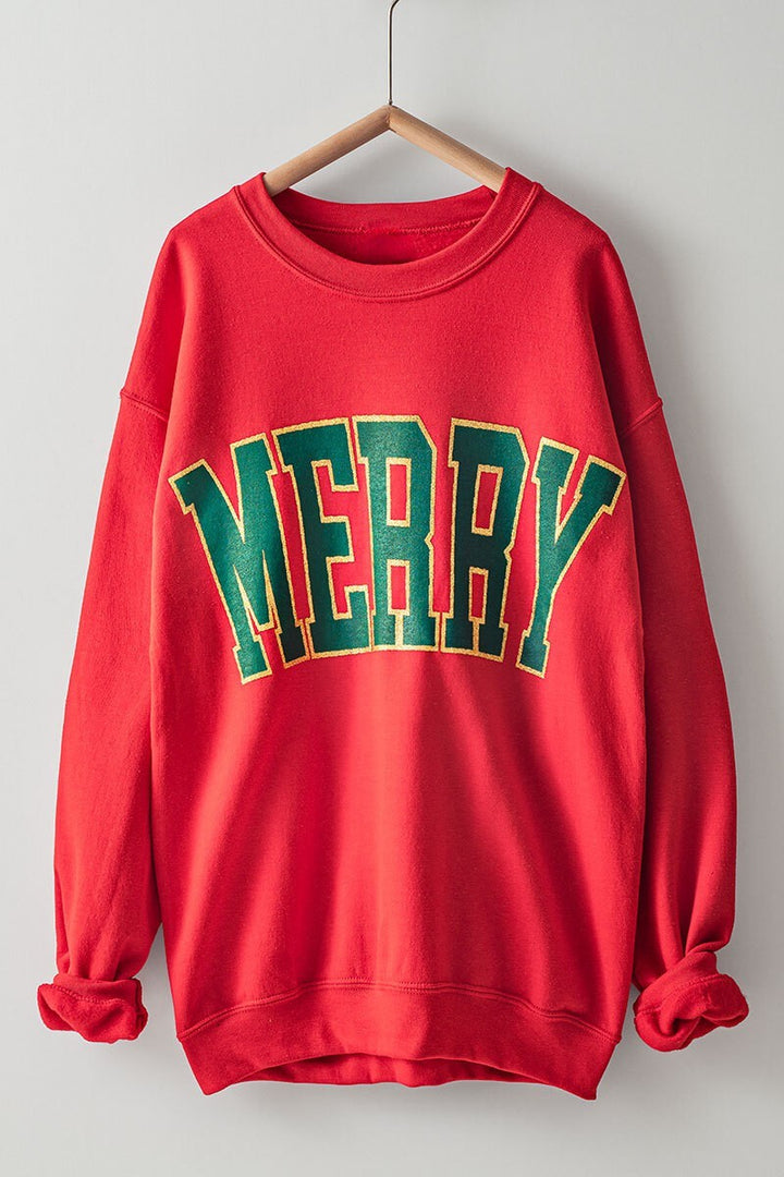 Oversized MERRY Glitter Graphic Sweatshirt in Red - Women's Wholesale Sweatshirts & Hoodies | Trend Notes