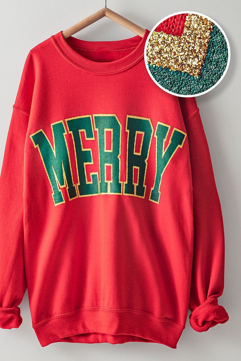 Oversized MERRY Glitter Graphic Sweatshirt in Red - Women's Wholesale Sweatshirts & Hoodies | Trend Notes