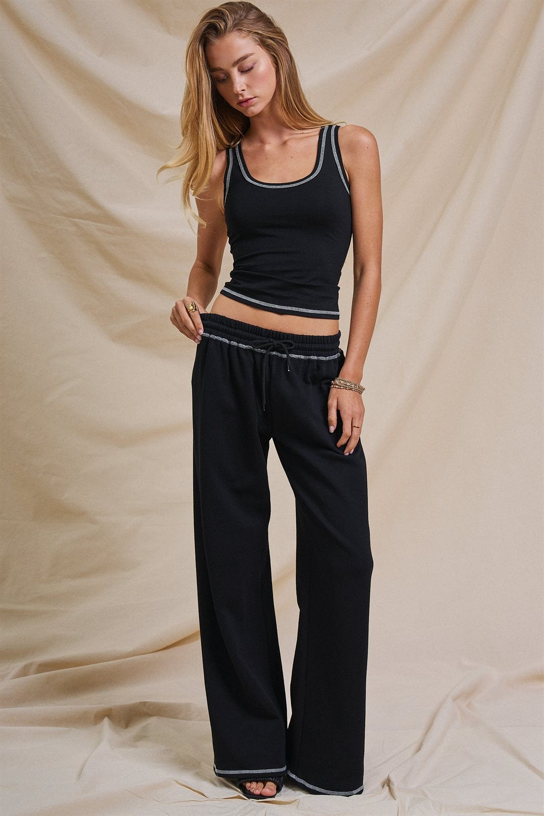 Sporty Stitch Wide-Leg Pants in Black - Women's Wholesale Fashion | Trend Notes