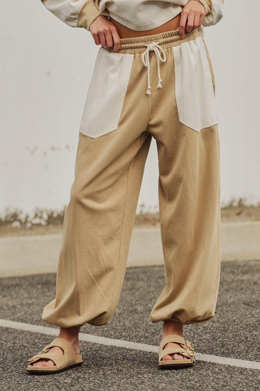 Color Block Drawstring Joggers Sweatpants Preppy Back to Sch in Ivory Taupe - Women's Wholesale Fashion | Trend Notes
