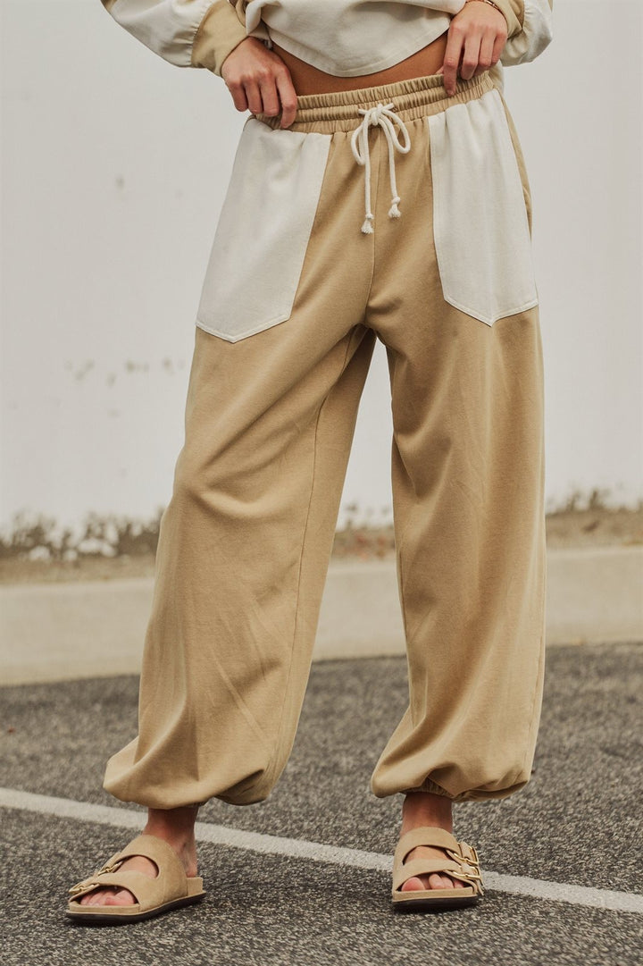 Color Block Drawstring Joggers Sweatpants Preppy Back to Sch in Ivory Taupe - Women's Wholesale Fashion | Trend Notes