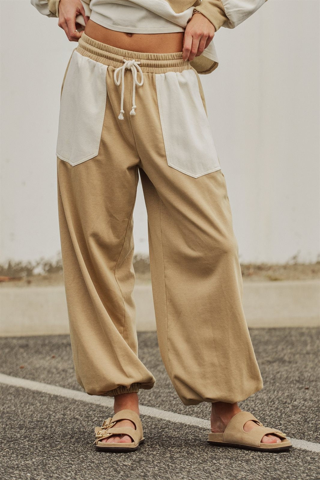 Color Block Drawstring Joggers Sweatpants Preppy Back to Sch in Ivory Taupe - Women's Wholesale Fashion | Trend Notes