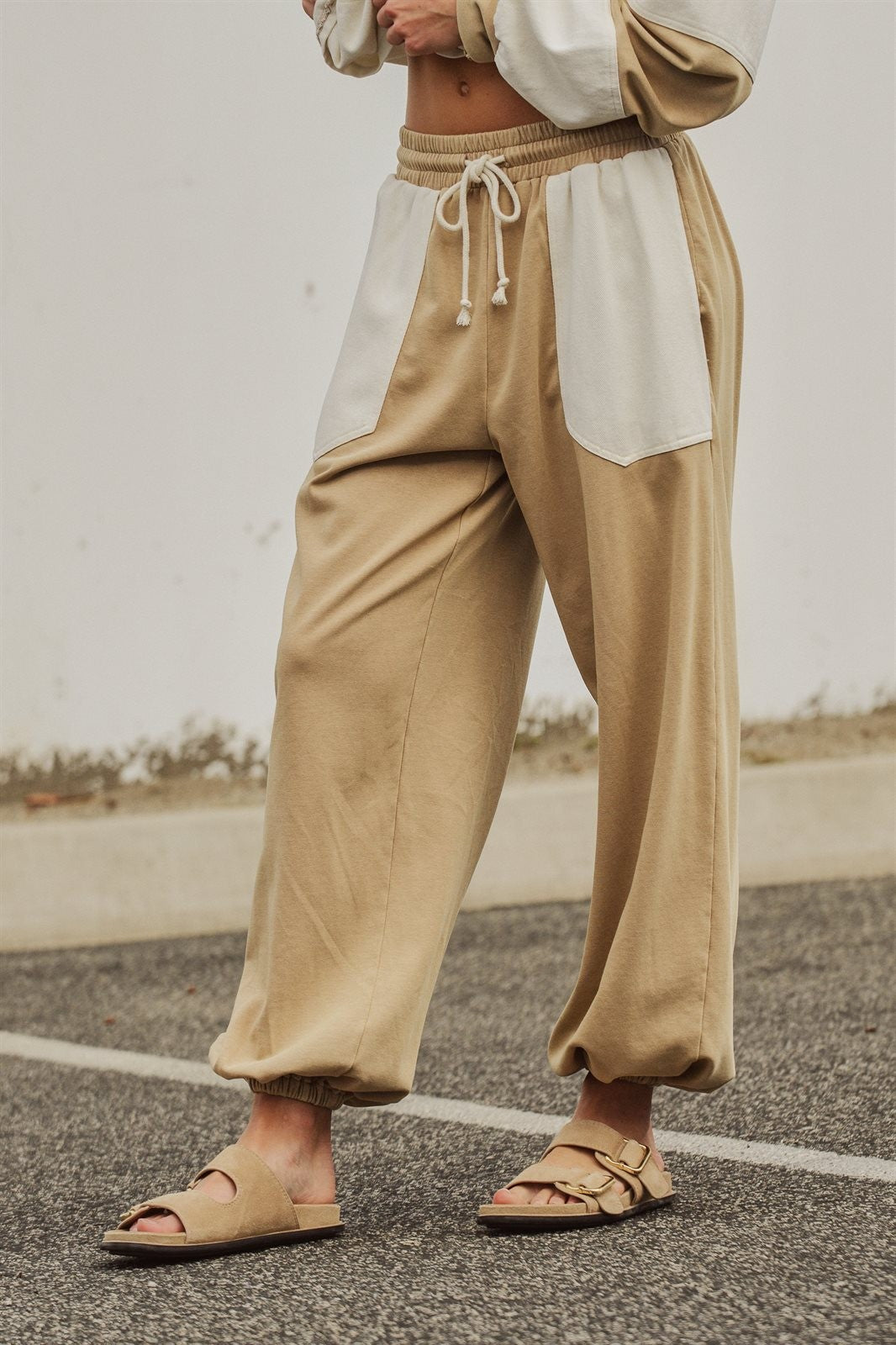 Color Block Drawstring Joggers Sweatpants Preppy Back to Sch in Ivory Taupe - Women's Wholesale Fashion | Trend Notes