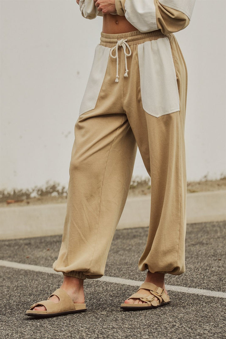 Color Block Drawstring Joggers Sweatpants Preppy Back to Sch in Ivory Taupe - Women's Wholesale Fashion | Trend Notes