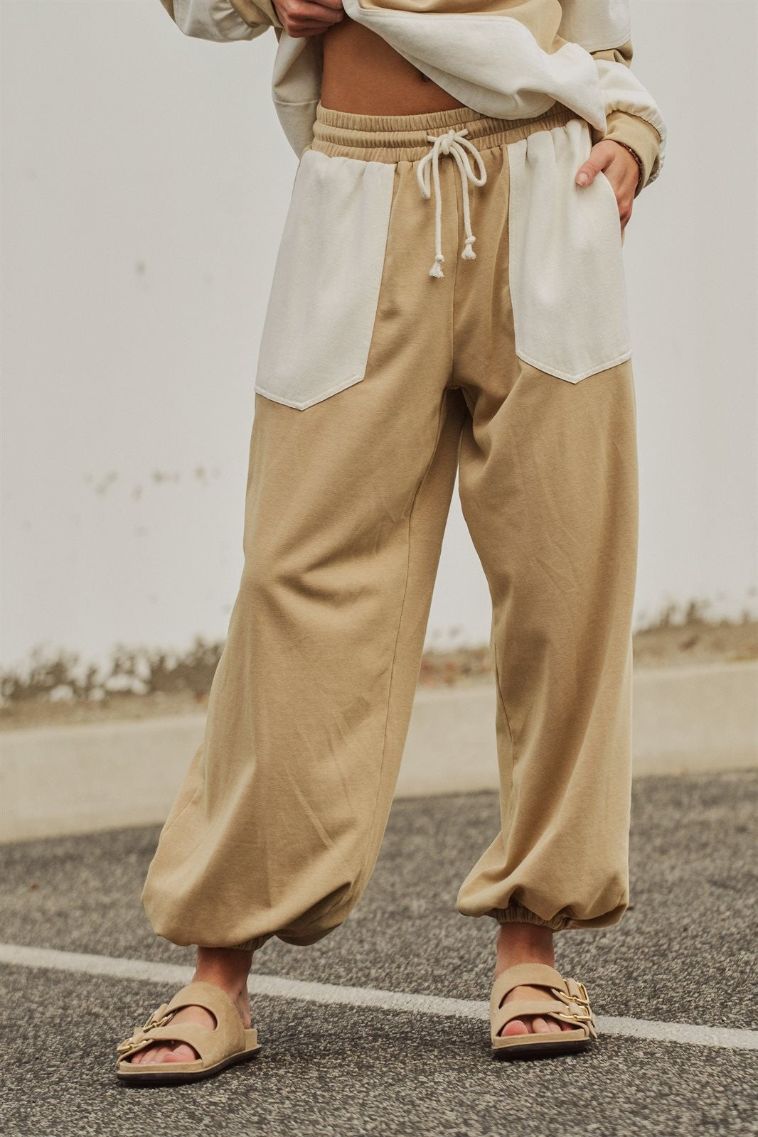 Color Block Drawstring Joggers Sweatpants Preppy Back to Sch in Ivory Taupe - Women's Wholesale Fashion | Trend Notes