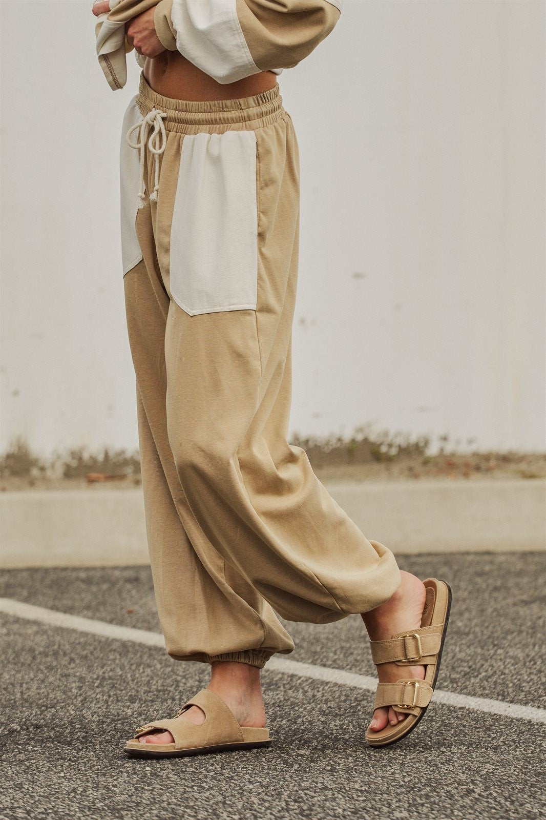 Color Block Drawstring Joggers Sweatpants Preppy Back to Sch in Ivory Taupe - Women's Wholesale Fashion | Trend Notes