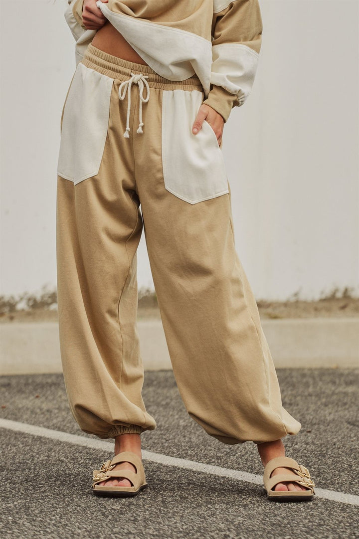 Color Block Drawstring Joggers Sweatpants Preppy Back to Sch in Ivory Taupe - Women's Wholesale Fashion | Trend Notes