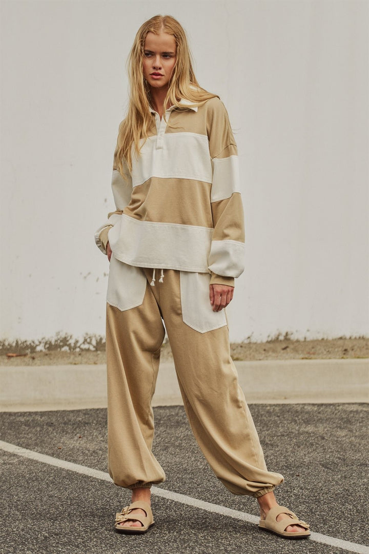 Color Block Drawstring Joggers Sweatpants Preppy Back to Sch in Ivory Taupe - Women's Wholesale Fashion | Trend Notes