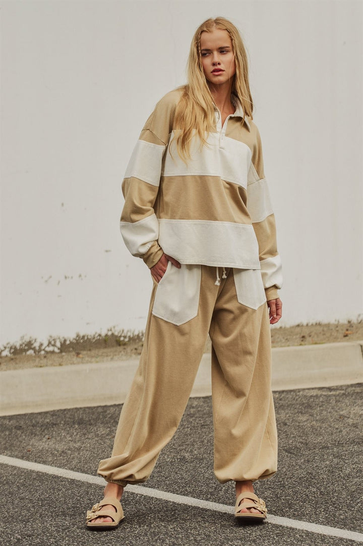 Color Block Drawstring Joggers Sweatpants Preppy Back to Sch in Ivory Taupe - Women's Wholesale Fashion | Trend Notes