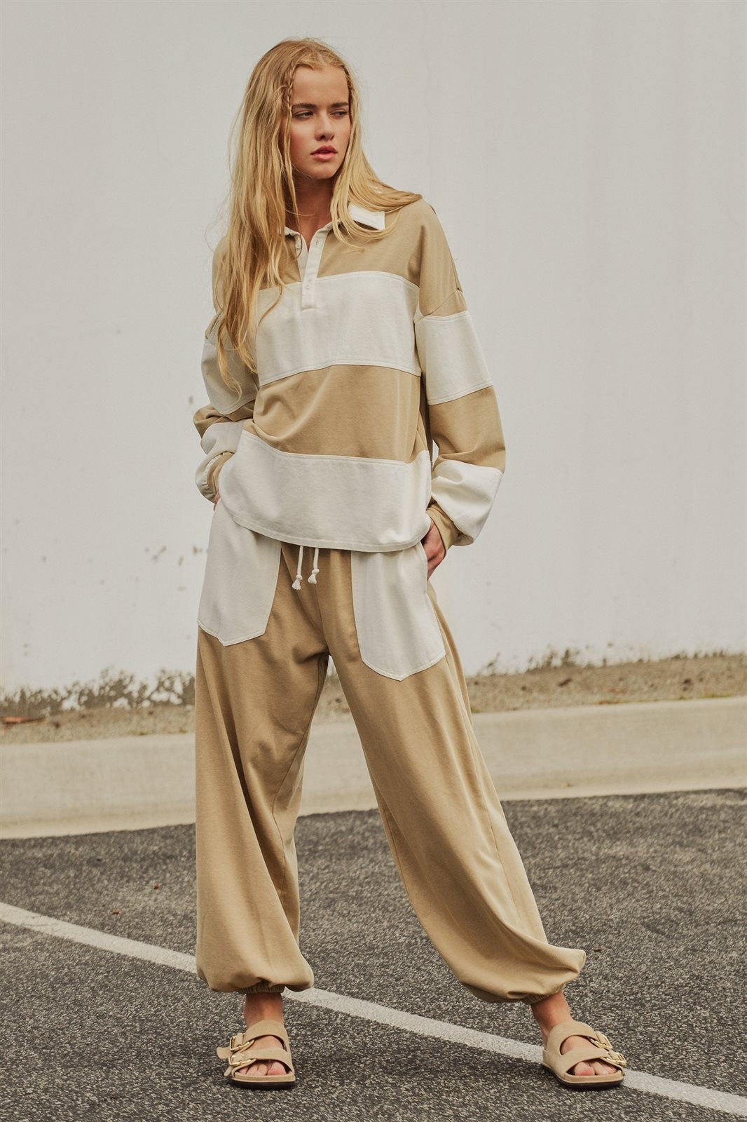 Color Block Drawstring Joggers Sweatpants Preppy Back to Sch in Ivory Taupe - Women's Wholesale Fashion | Trend Notes
