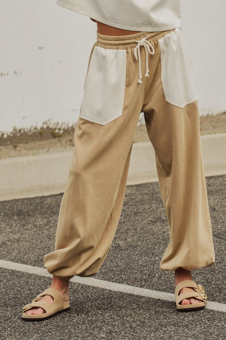 Color Block Drawstring Joggers Sweatpants Preppy Back to Sch in Ivory Taupe - Women's Wholesale Fashion | Trend Notes