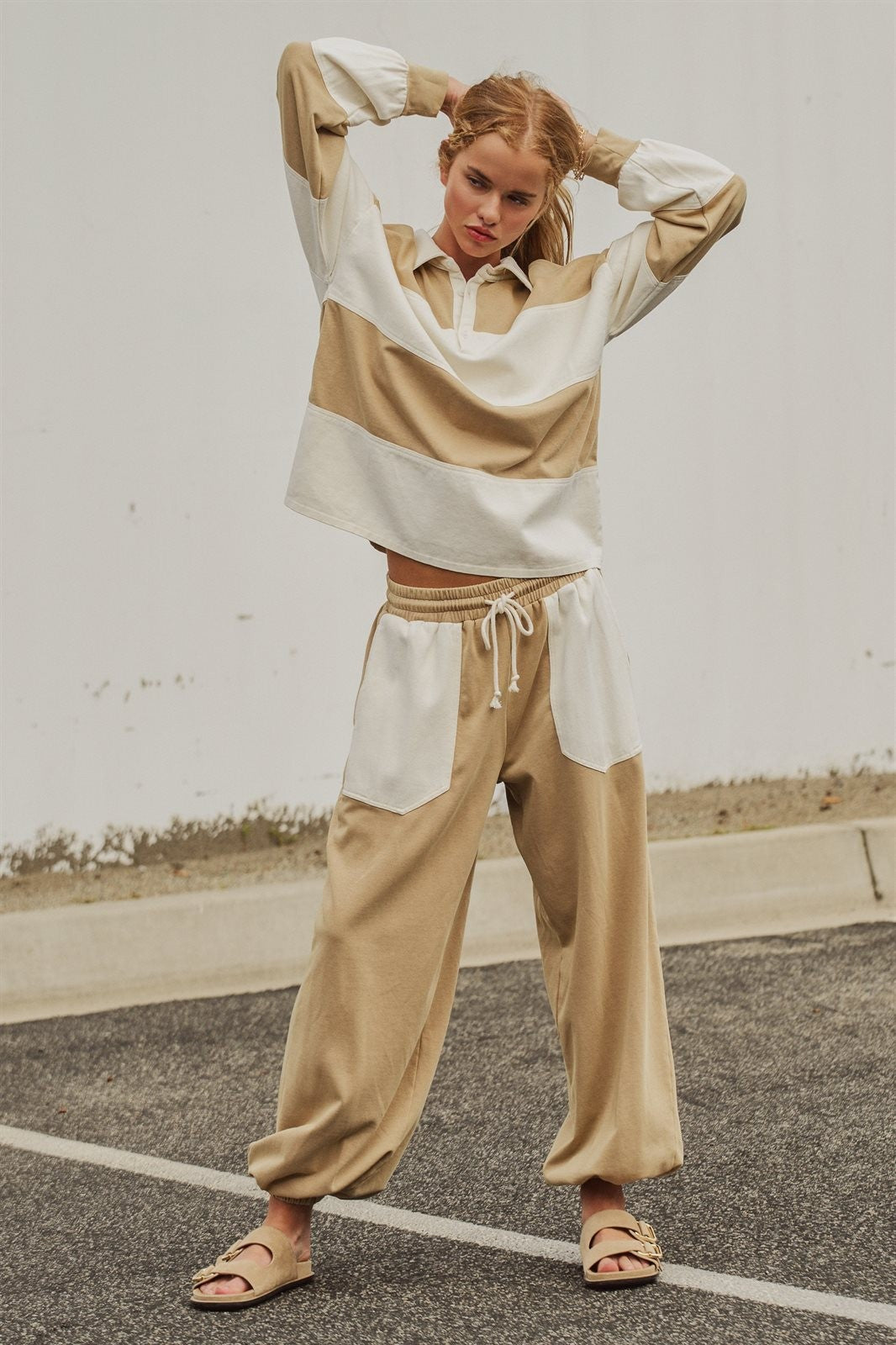 Color Block Drawstring Joggers Sweatpants Preppy Back to Sch in Ivory Taupe - Women's Wholesale Fashion | Trend Notes