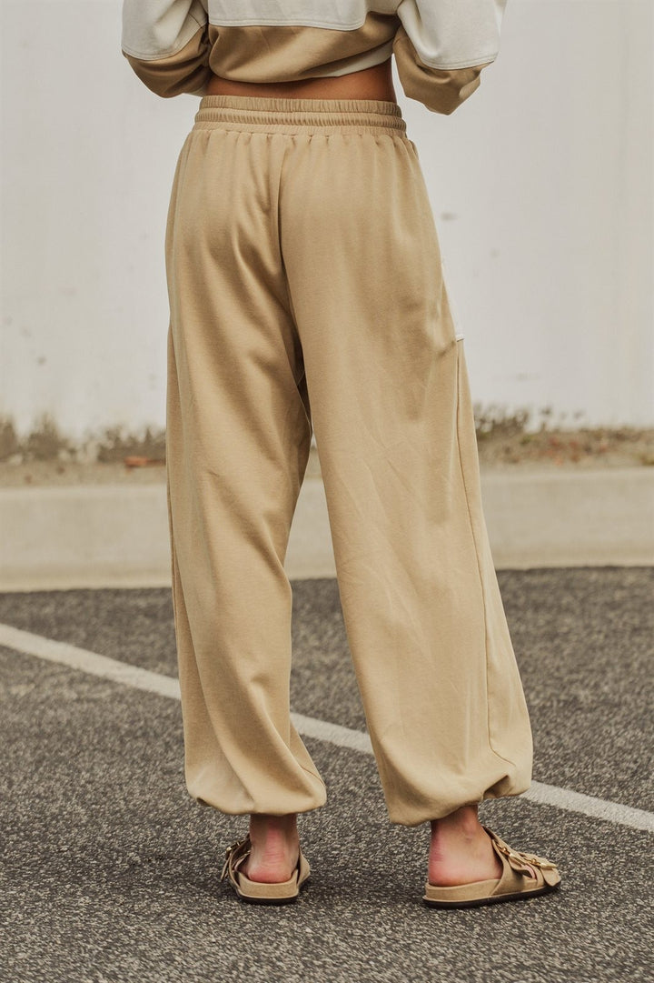 Color Block Drawstring Joggers Sweatpants Preppy Back to Sch in Ivory Taupe - Women's Wholesale Fashion | Trend Notes