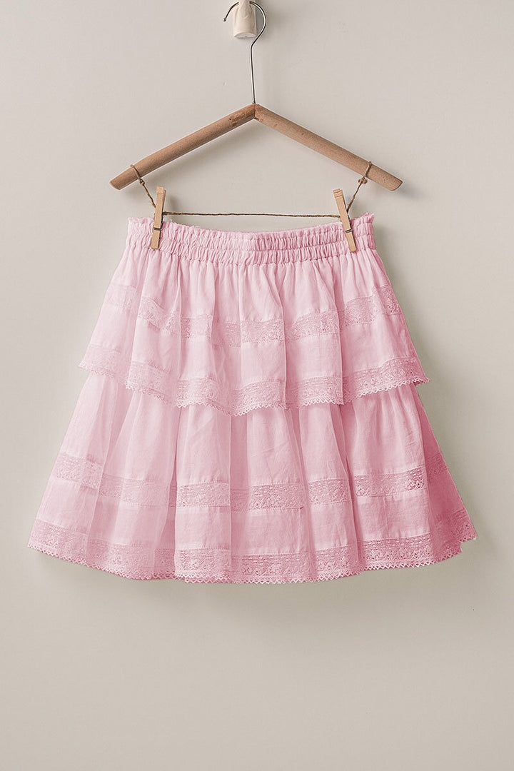 Tiered Away Lace Ruffle Miniskirt in Pink - Women's Wholesale Skirts | Trend Notes