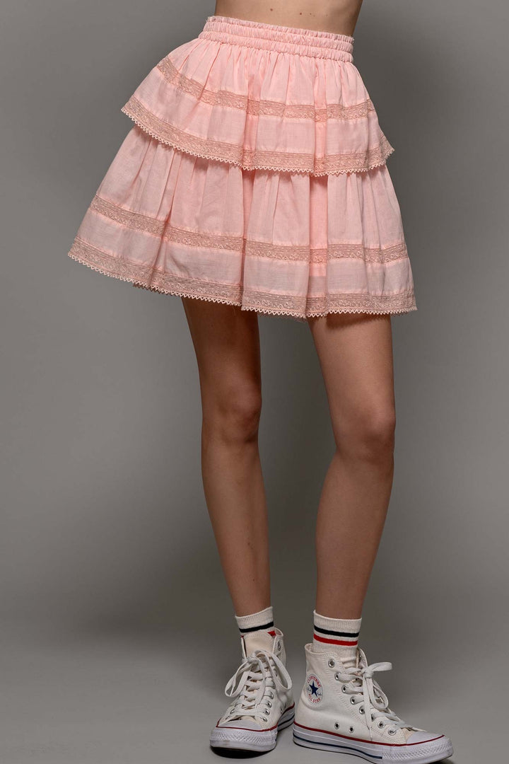 Tiered Away Lace Ruffle Miniskirt in Pink - Women's Wholesale Skirts | Trend Notes
