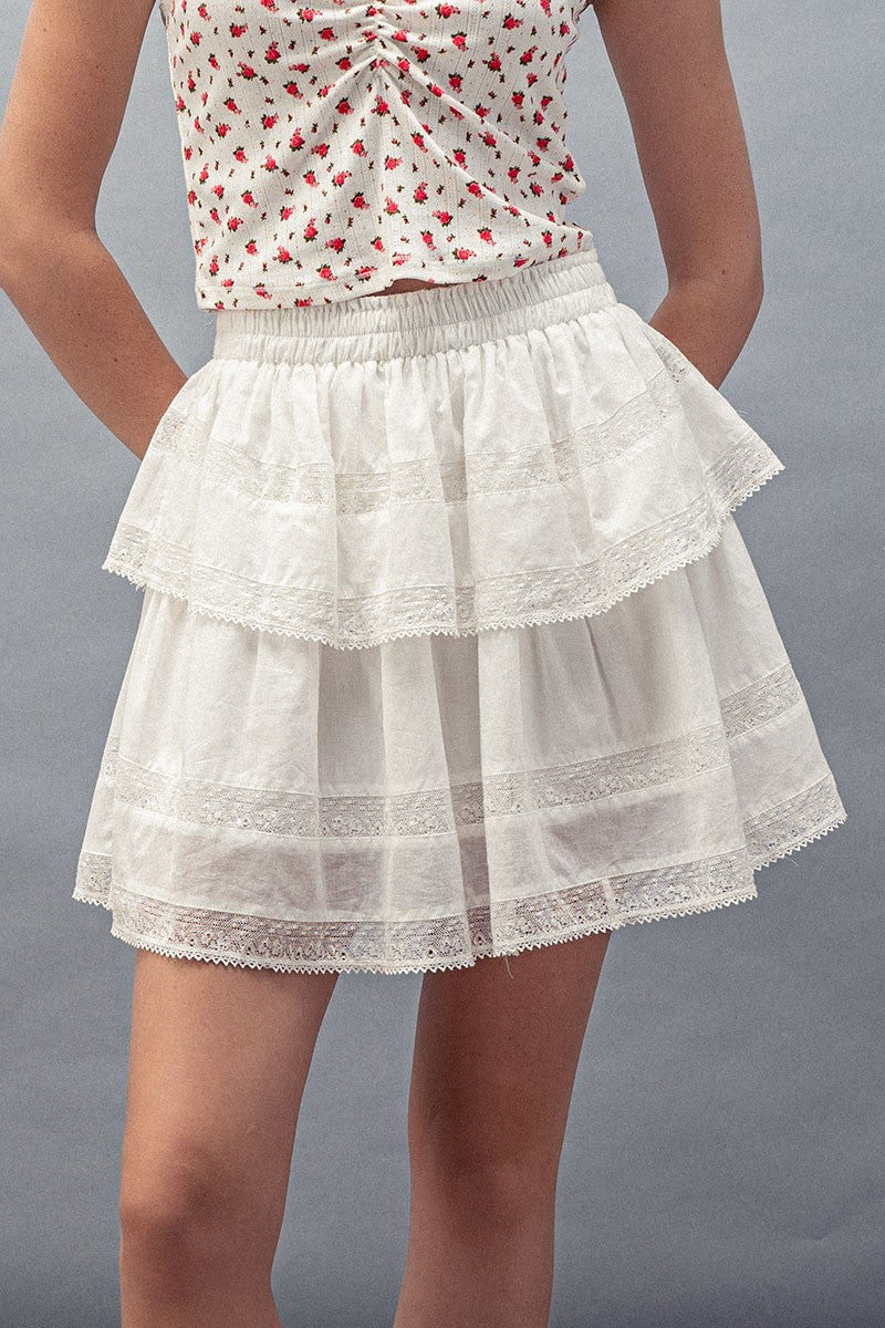 Tiered Away Lace Ruffle Miniskirt in White - Women's Wholesale Skirts | Trend Notes