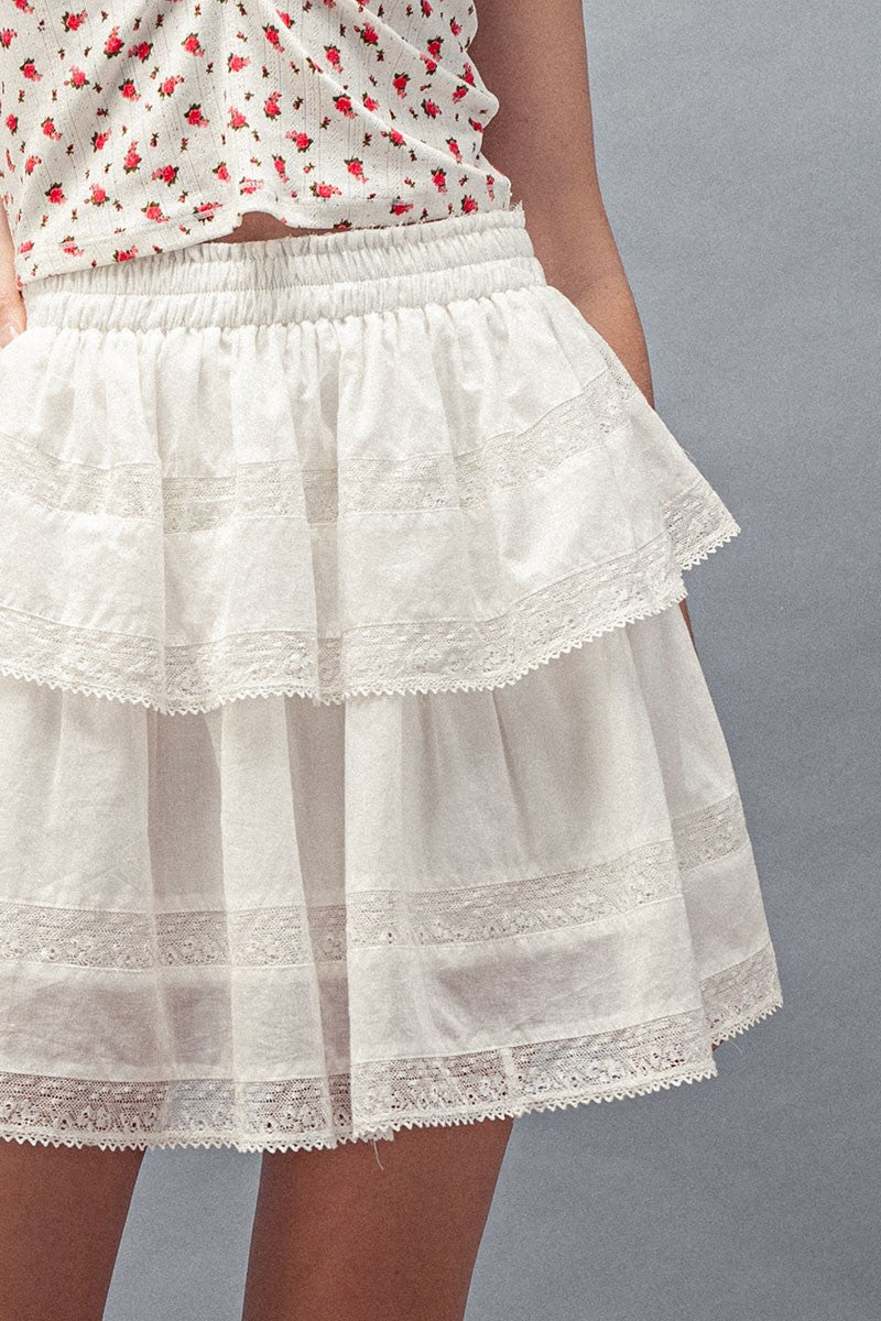 Tiered Away Lace Ruffle Miniskirt in White - Women's Wholesale Skirts | Trend Notes
