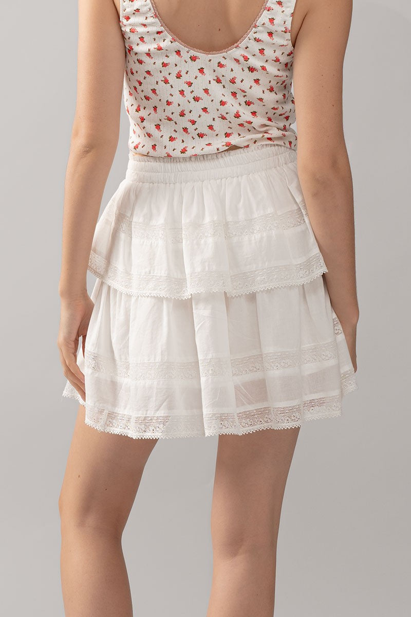 Tiered Away Lace Ruffle Miniskirt in White - Women's Wholesale Skirts | Trend Notes