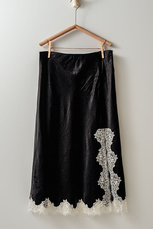 Black Satin Midi Skirt with Lace Trim Cutout Slit in Black - Women's Wholesale Midi Skirts | Trend Notes