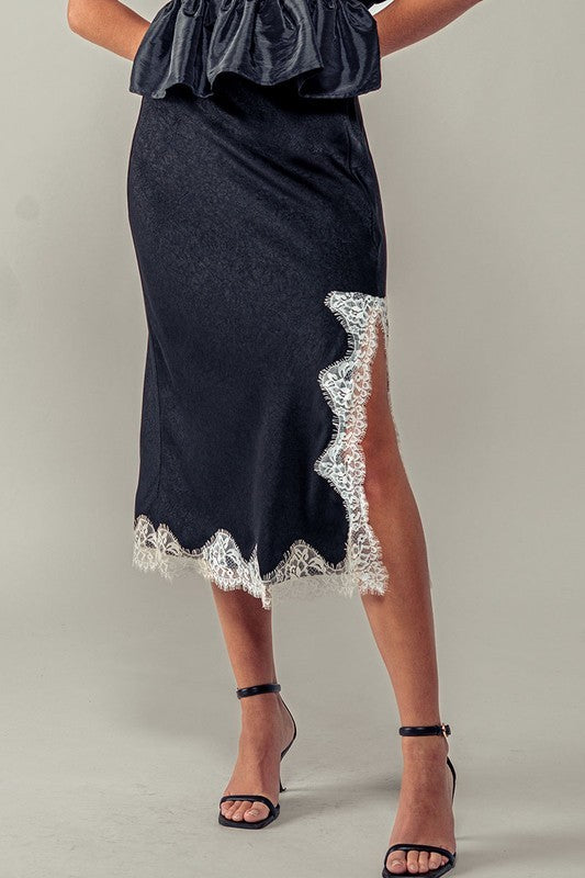 Black Satin Midi Skirt with Lace Trim Cutout Slit in Black - Women's Wholesale Midi Skirts | Trend Notes