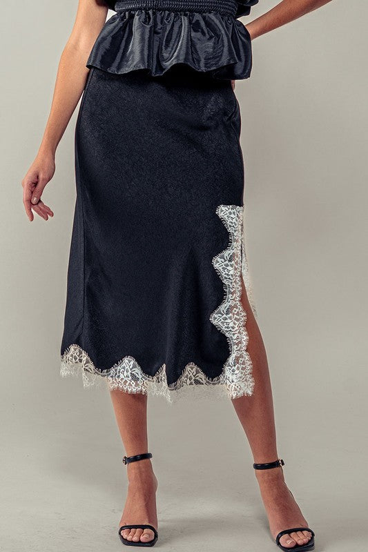 Black Satin Midi Skirt with Lace Trim Cutout Slit in Black - Women's Wholesale Midi Skirts | Trend Notes