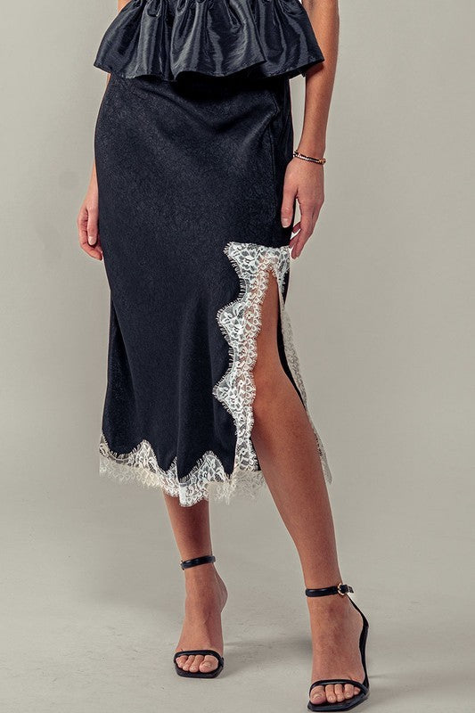 Black Satin Midi Skirt with Lace Trim Cutout Slit in Black - Women's Wholesale Midi Skirts | Trend Notes