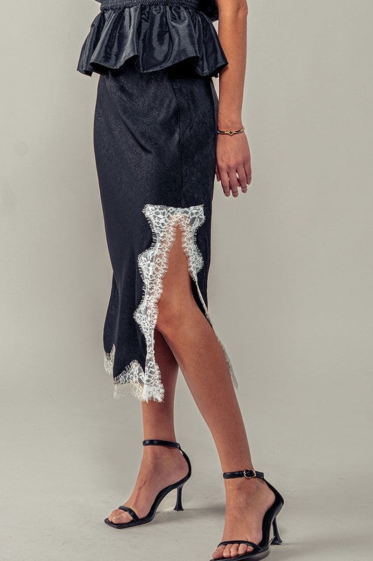Black Satin Midi Skirt with Lace Trim Cutout Slit in Black - Women's Wholesale Midi Skirts | Trend Notes
