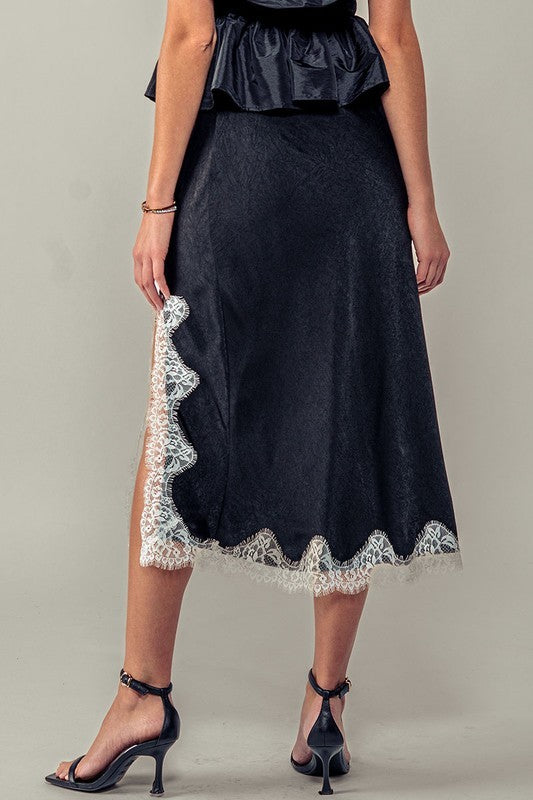 Black Satin Midi Skirt with Lace Trim Cutout Slit in Black - Women's Wholesale Midi Skirts | Trend Notes
