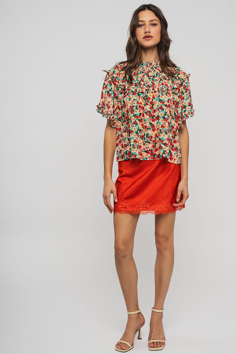 Flirty Scarlet Lace Satin Mini Skirt in Coral - Women's Wholesale Skirts | Trend Notes
