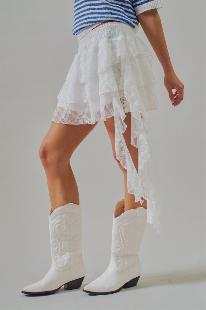 Tiered Lace Ruffle Mini Skirt with Asymmetric Hem in White - Women's Wholesale Skirts | Trend Notes