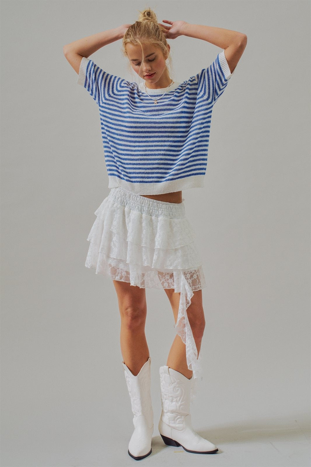 Tiered Lace Ruffle Mini Skirt with Asymmetric Hem in White - Women's Wholesale Skirts | Trend Notes