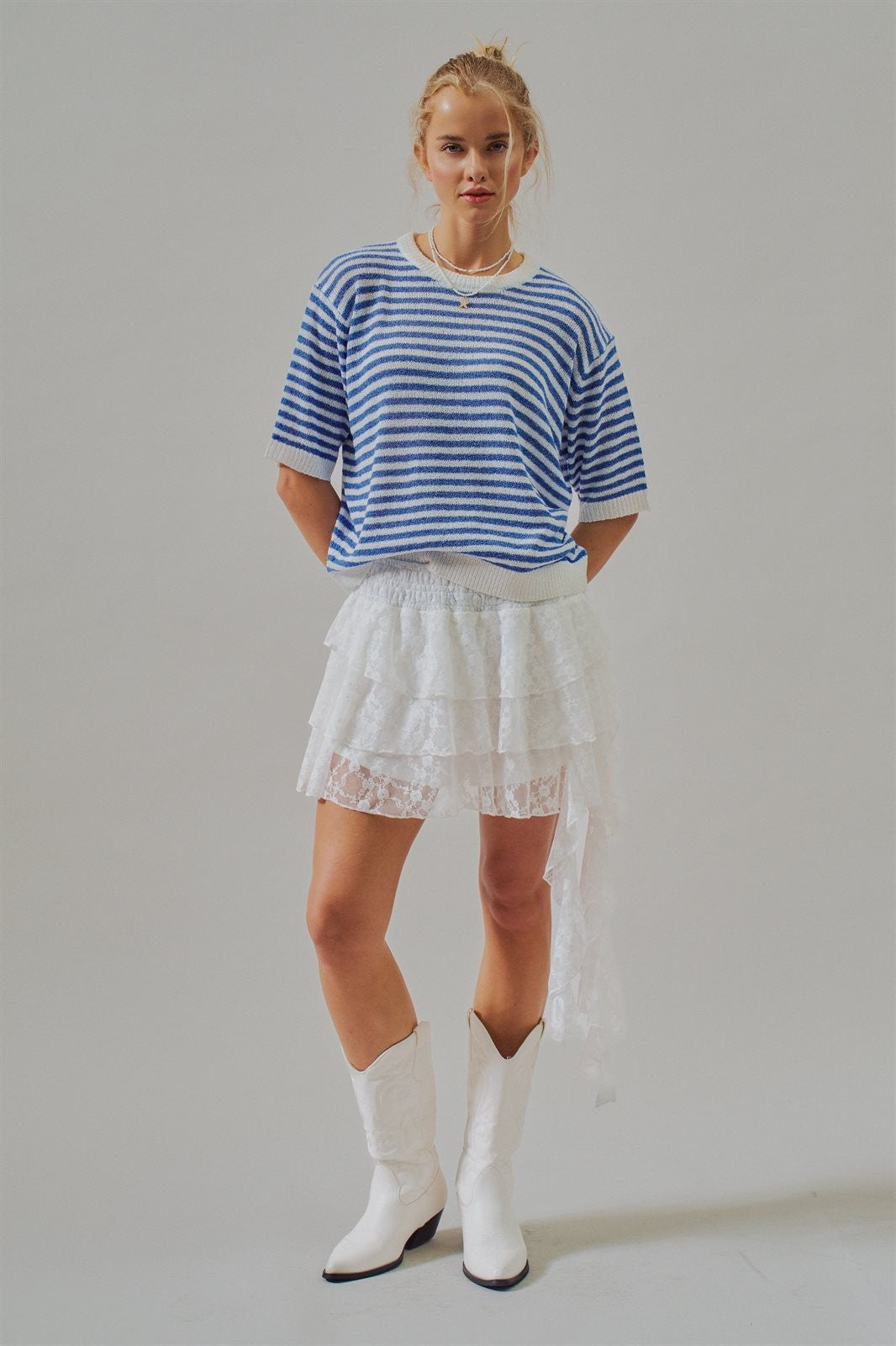 Tiered Lace Ruffle Mini Skirt with Asymmetric Hem in White - Women's Wholesale Skirts | Trend Notes