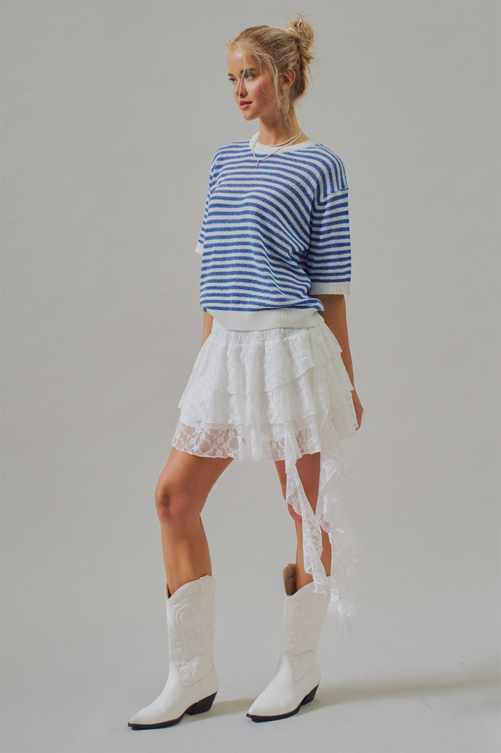 Tiered Lace Ruffle Mini Skirt with Asymmetric Hem in White - Women's Wholesale Skirts | Trend Notes