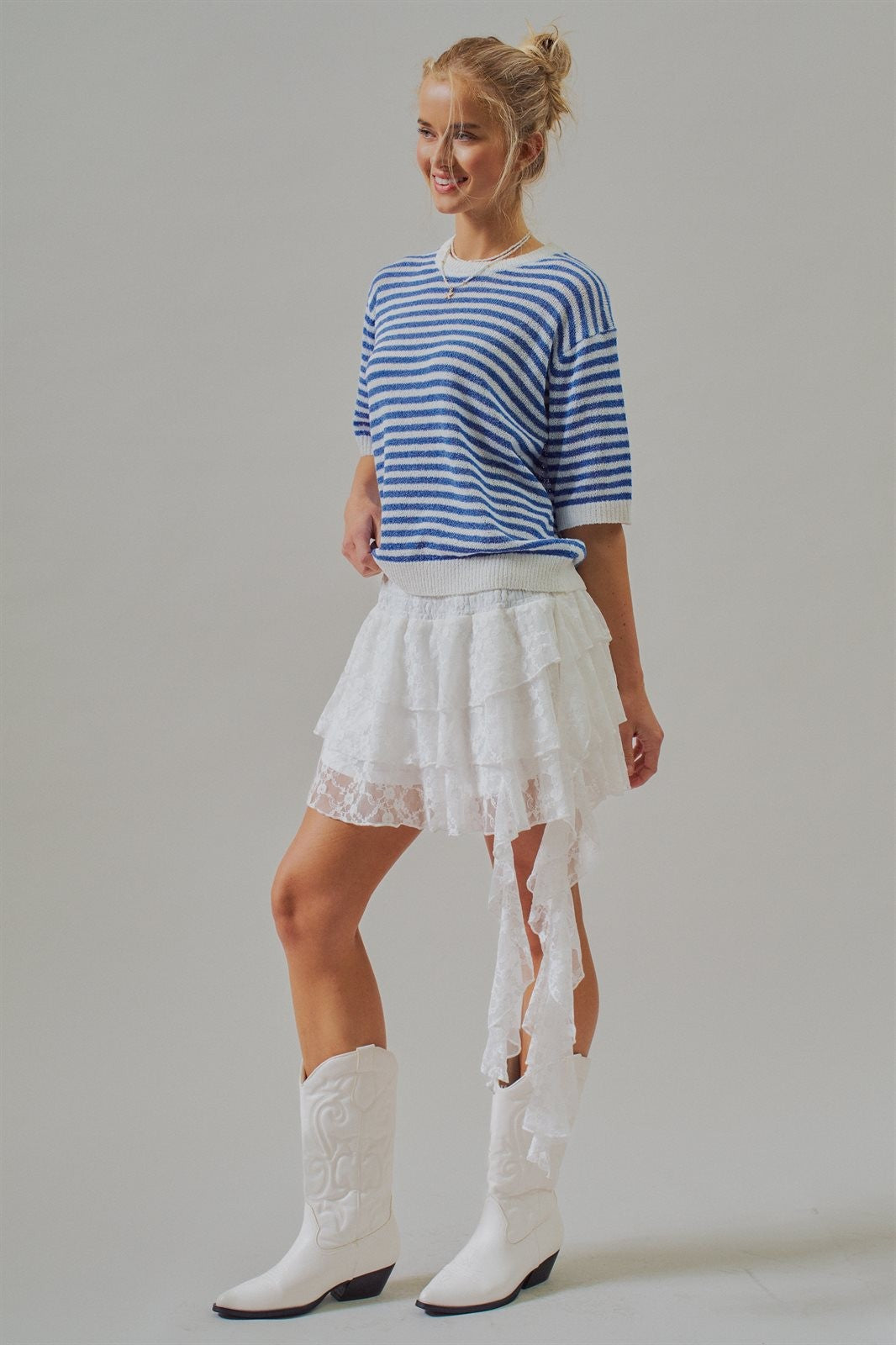 Tiered Lace Ruffle Mini Skirt with Asymmetric Hem in White - Women's Wholesale Skirts | Trend Notes