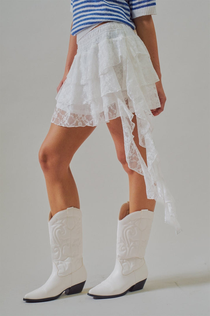 Tiered Lace Ruffle Mini Skirt with Asymmetric Hem in White - Women's Wholesale Skirts | Trend Notes