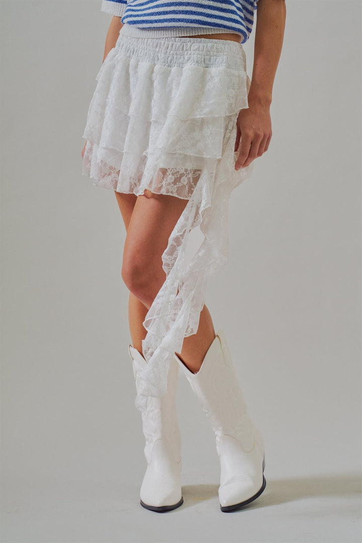 Tiered Lace Ruffle Mini Skirt with Asymmetric Hem in White - Women's Wholesale Skirts | Trend Notes