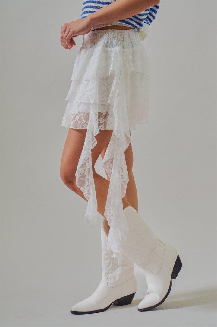 Tiered Lace Ruffle Mini Skirt with Asymmetric Hem in White - Women's Wholesale Skirts | Trend Notes